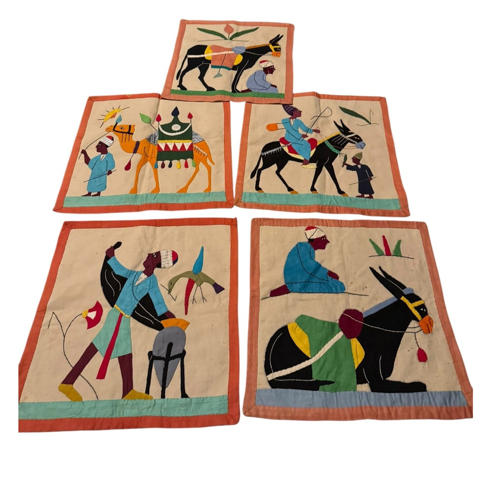 Vintage Egyptian Khayamiya Appliqué Textile‎ Panels Set of 5 Donkey Camel Villa